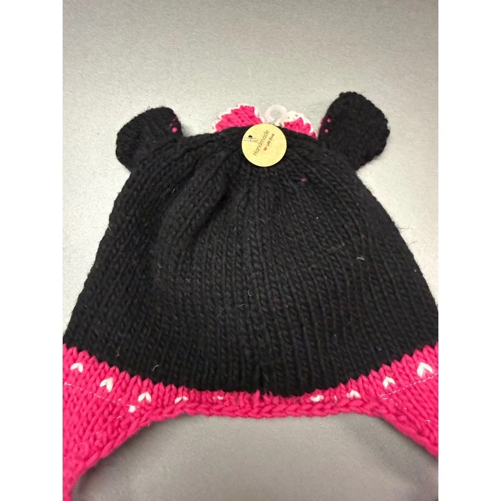 Southwest Crafts Handmade Minnie Mouse Knit Beanie Pink Black Fleece Lined NWT